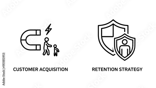 Customer strategy icons: magnet attracting people for acquisition and shield protecting person for retention, illustrating marketing and sales approach
