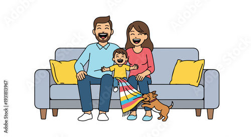 A joyful family with a playful pup and little child sitting on a couch having a reunion at home.