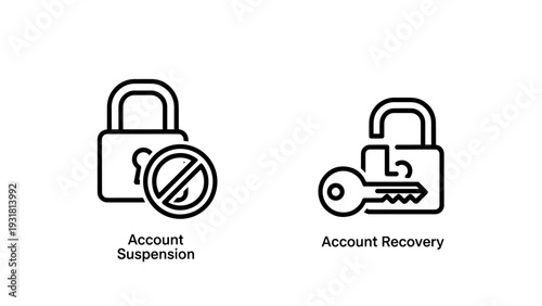 Account Suspension and Recovery Security Icons: Locked Padlock with Slash and Key in Lock