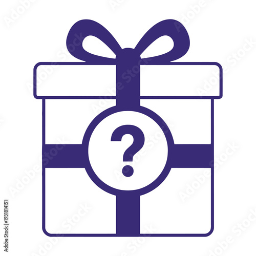 Purple gift box with ribbon and question mark symbol conveying mystery and surprise for special occasions