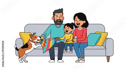 A joyful family with a playful pup having a reunion on a couch with a shallow depth of field conveying a happy mood.