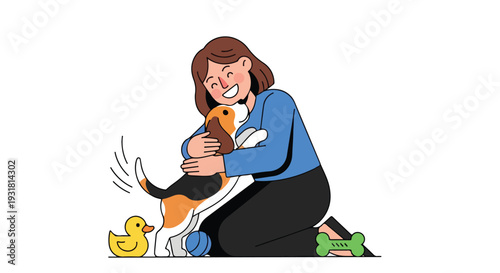 A joyful woman having a playful reunion with her happy pup, sitting on the floor with toys.