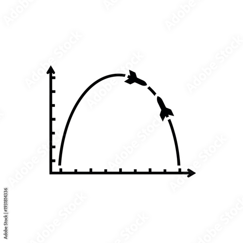 Trajectory path of a ballistic missile launch shown on a graph with a curved flight path and velocity measurements.