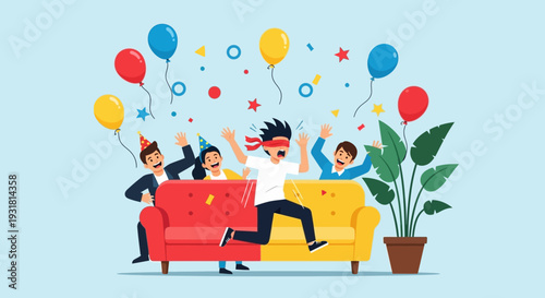 A colorful cartoon boy holding a birthday cake with balloons and gifts at a fun happy birthday party celebration