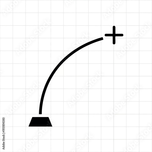 A simple graphic representation of a ballistic missile launch and trajectory with a plus sign at the end, on a grid background.