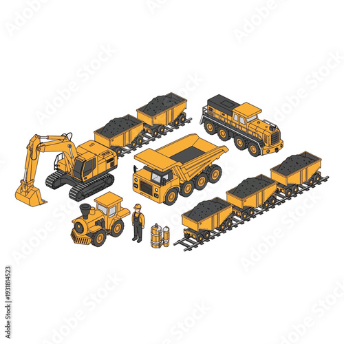 Isometric Mining Vehicles and Equipment Set with Workers.
