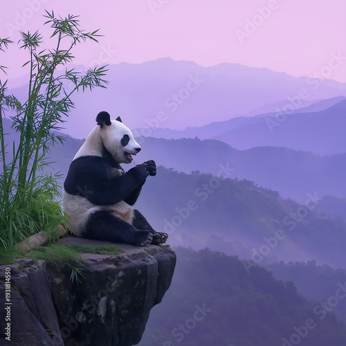 Panda enjoying bamboo on misty mountain cliff