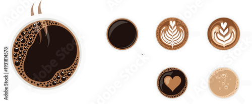 Coffee cups with latte art and black coffee top view flat vector set