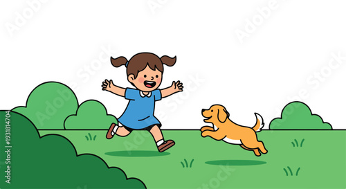 A joyful young girl and a playful golden retriever pup running together in a lush green field with trees in the background.