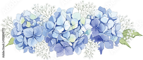 Beautiful bouquet of blue hydrangeas and delicate white baby's breath flowers, floral arrangement