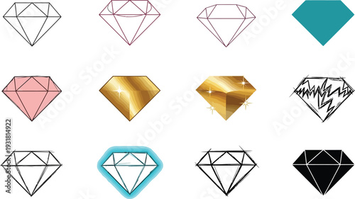 collection of diamond shapes in various styles and colors isolated on transparent background