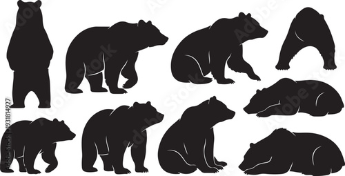 A wildlife vector illustration featuring black silhouettes of big wild animals including walking bears and an elephant with a trunk designed for nature and safari art