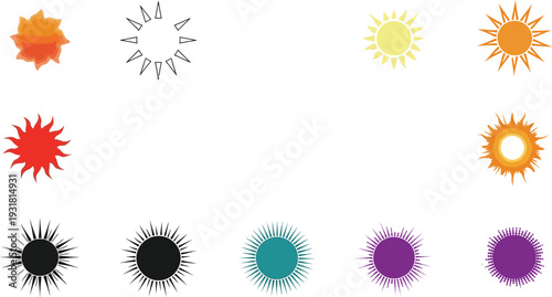 Collection of sun symbols in various colors and styles from flat icons to radiant bursts for weather forecast graphics