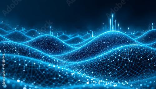 Abstract futuristic data landscape of undulating sine-wave mesh ridges 