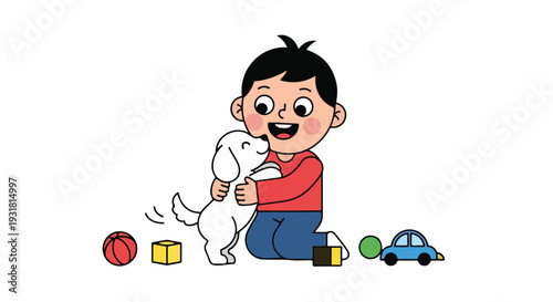 A joyful young boy having a playful reunion with a white pup, surrounded by colorful toys on a clean white background.