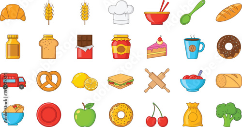 Food and bakery icon set with bread vegetables sweets and kitchen tools in cartoon style