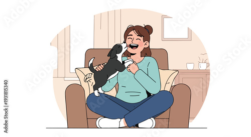 A joyful woman sitting on a couch with a playful pup in her lap, conveying a happy reunion in a cozy living room setting.