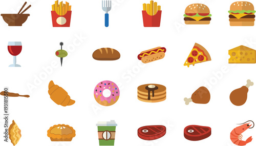 Food and drink icon set with burger pizza steak and dessert in flat style