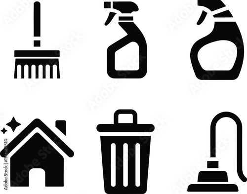 Cleaning service icons set with vacuum cleaner spray bottle broom trash can and sparkling house for home maintenance and hygiene.