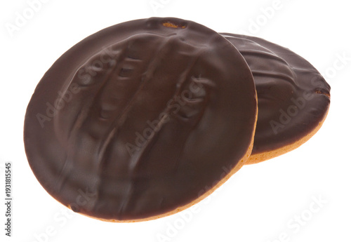 Chocolate covered cookies isolated on white background.