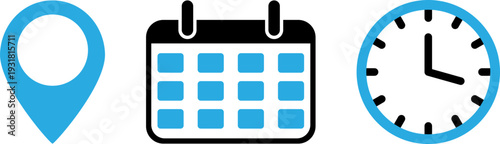 Modern icons for location, calendar, and clock