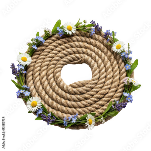 Colorful flowers blooming around a coiled rope or vine arrangement