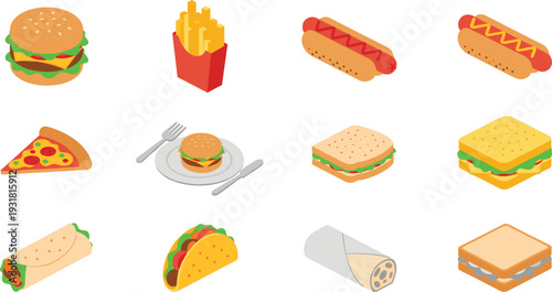 Isomeric fast food and snack icon set with burger pizza hot dog and taco
