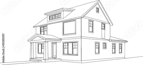 Modern two story suburban house perspective line drawing, residential real estate architecture, family home construction design isolated on white background.