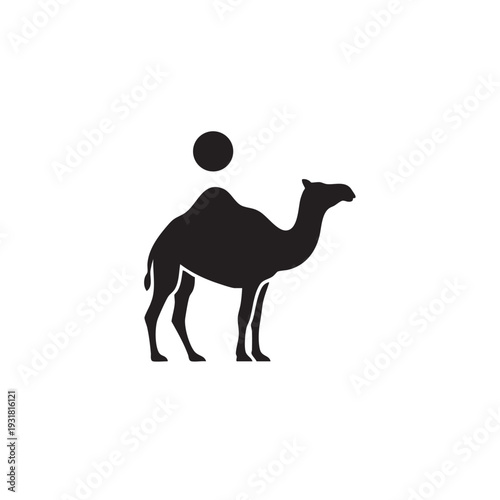 Minimalist camel silhouette logo with orange sun disk isolated on white background.