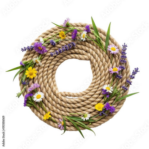 A decorative wreath adorned with vibrant flowers and natural twine for festive occasions.
