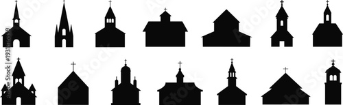 Collection of Church Silhouettes with Crosses and Towers in Different Architectural Styles Isolated on White Background