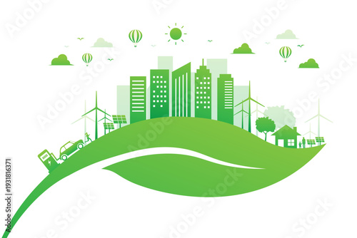 ecology and energy green city on leaf white background. save world and planet. eco solar panels, wind turbines and trees. vector illustration flat design.