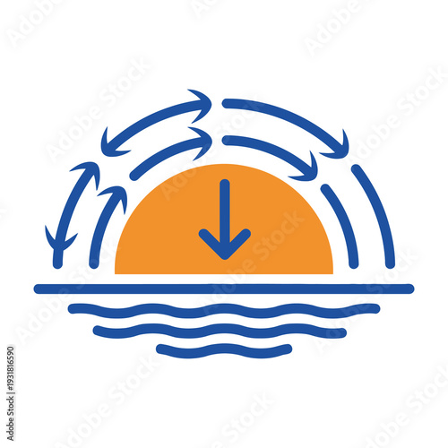 Dynamic downward motion graphic of a glowing circular sun descending behind wavy water lines with swirling arrows emphasizing flow and transition
