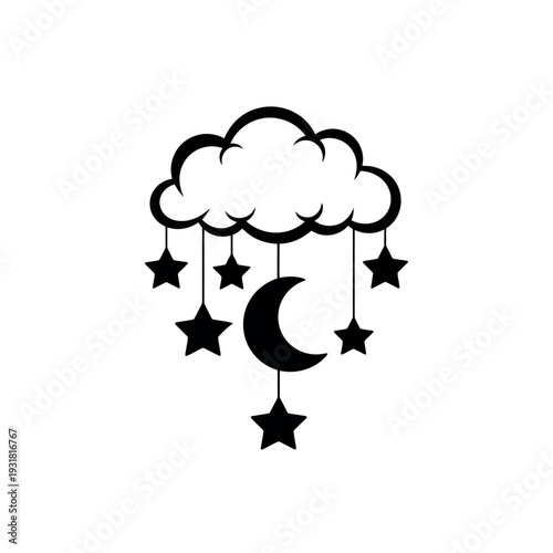 Dreamy mobile with a crescent moon and stars hanging from a cloud, creating a celestial nursery theme for baby or peaceful sleep.