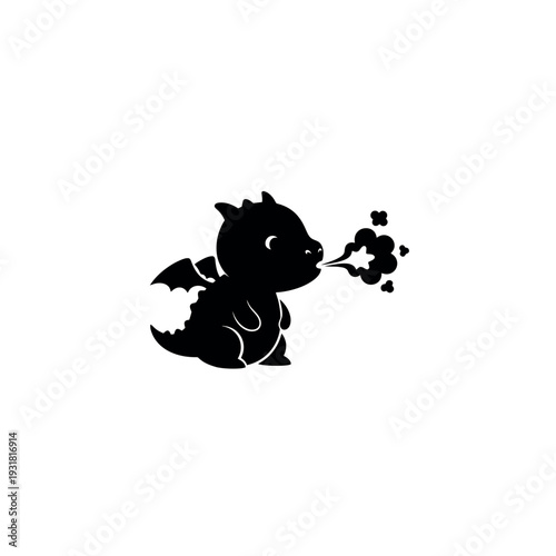 Adorable black silhouette baby dragon breathing smoke and fire, a cute fantasy creature ideal for children's designs.