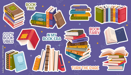 Colorful book sticker set with stacks and piles of books. Cute educational clipart collection with white outline, perfect for planners, scrapbooking, printing, digital use. Flat vector illustration.