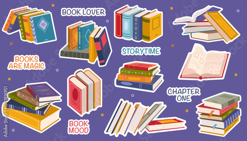 Colorful book sticker set with stacks and piles of books. Cute educational clipart collection with white outline, perfect for planners, scrapbooking, printing, digital use. Flat vector illustration.