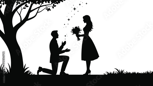 Romantic silhouette proposal scene under tree, man kneeling to woman, bouquet flowers, magical love illustration, enchanting marriage design