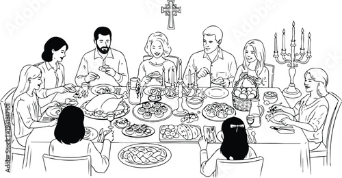 Happy Easter vector ink doodle style illustration. Family dinner with traditional food hand drawn sketch drawing. Festive table with Easter dishes illustration for menu, greeting card, invitation