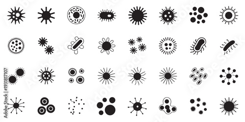 Set of Microscopic Organisms Icons - Viruses, Bacteria, and Germs in Flat Silhouette Style for Educational Content