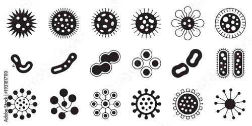 Diverse Microorganism Icons Set: Viruses, Bacteria, and Germs for Science and Health