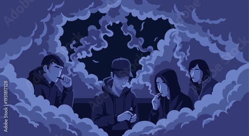 Vaping Culture: Young Adults in E-Cigarette Vapor Clouds - Dark Urban Illustration
