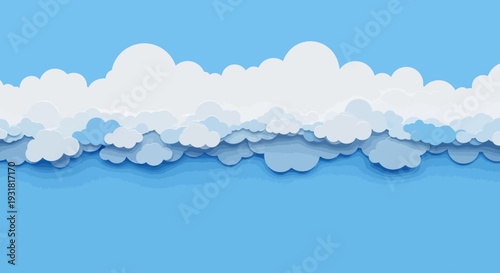 Minimalist Layered Paper Cut Clouds on Blue Sky Background - Digital 3D Illustration with Copy Space for Dreamy and Creative Designs