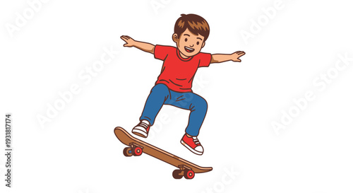 Cool little boy balancing on a skateboard, performing a trick in an isolated white background, demonstrating active and sporty lifestyle