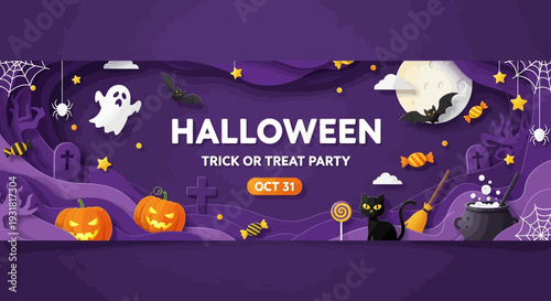 Halloween Trick or Treat Party Banner: Paper Cut Ghosts, Bats, Jack-o'-Lanterns, and Witches' Cauldron on Purple Night Landscape