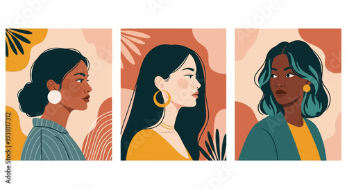 Diverse Women Illustration Set: Empowering Portraits in Modern Abstract Style