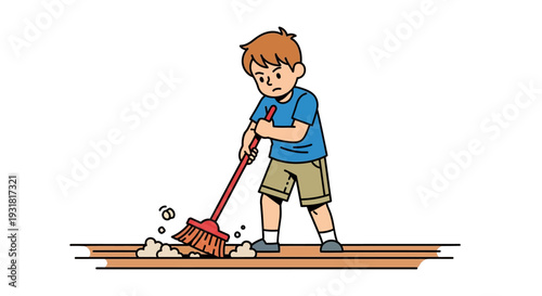 Diligent young boy sweeping the floor with a broom and dustpan in a bright studio.