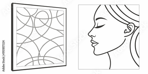 A woman admiring a modern abstract art painting on a white wall.