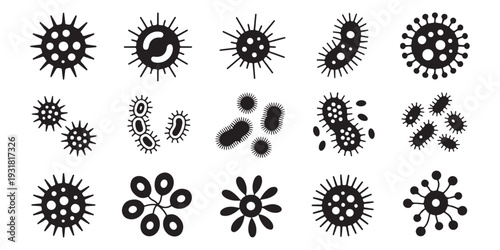 Set of Black Virus and Bacteria Icons Isolated on White Background