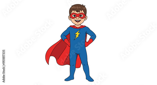 Confident young boy dressed as a superhero standing with hands on hips, isolated white background.